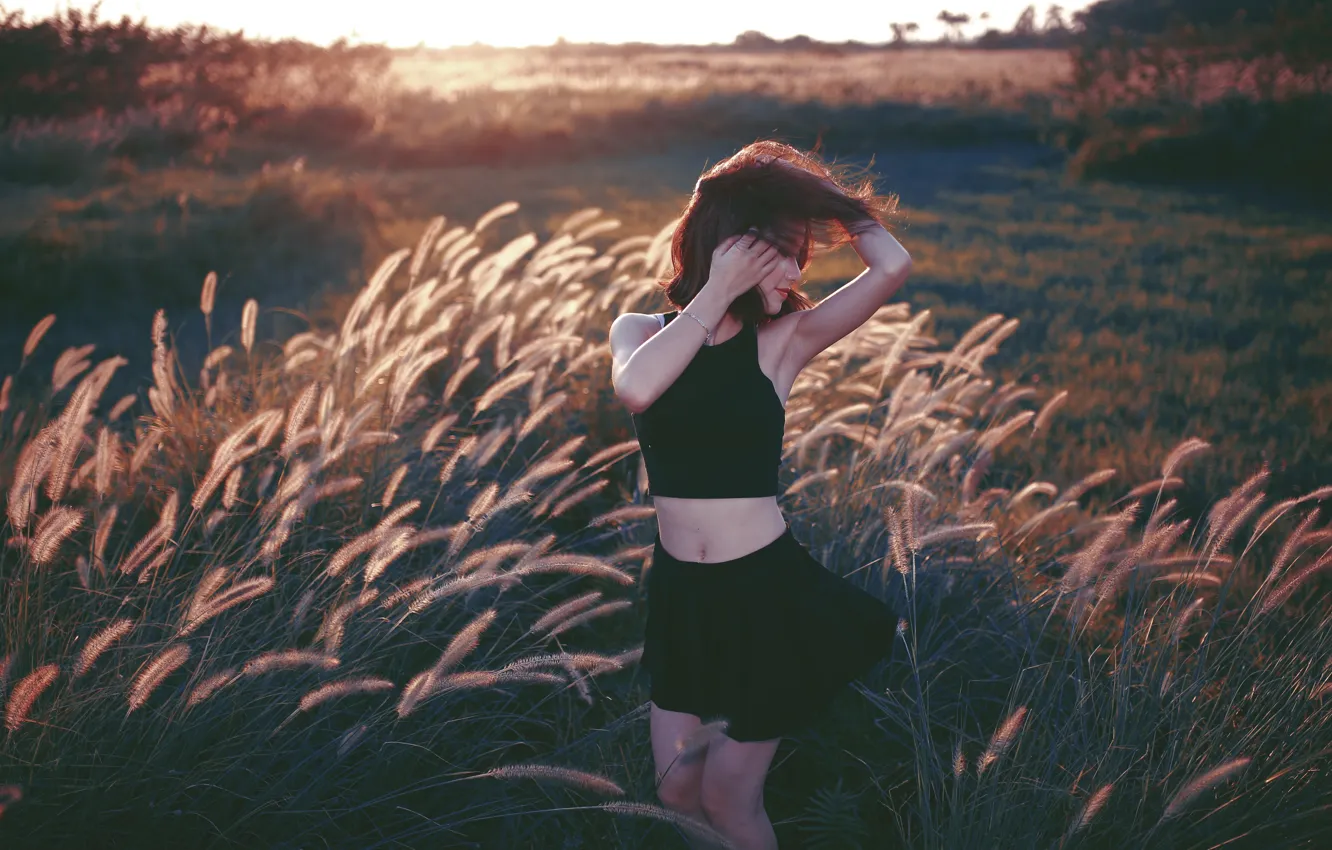 Photo wallpaper field, grass, girl, the sun, the wind, skirt, Mike, figure