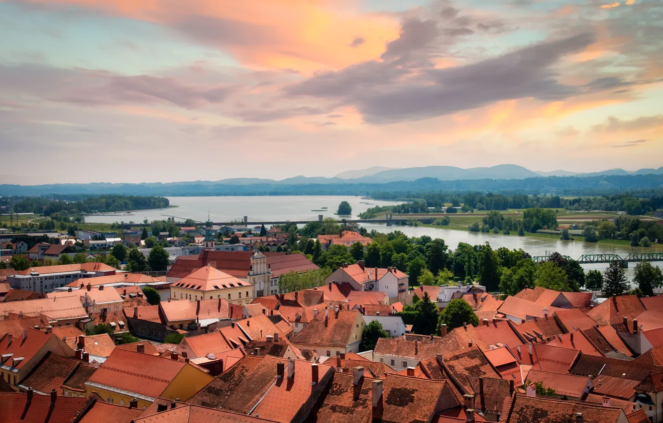 Photo wallpaper roof, clouds, mountains, the city, shore, building, home, dal
