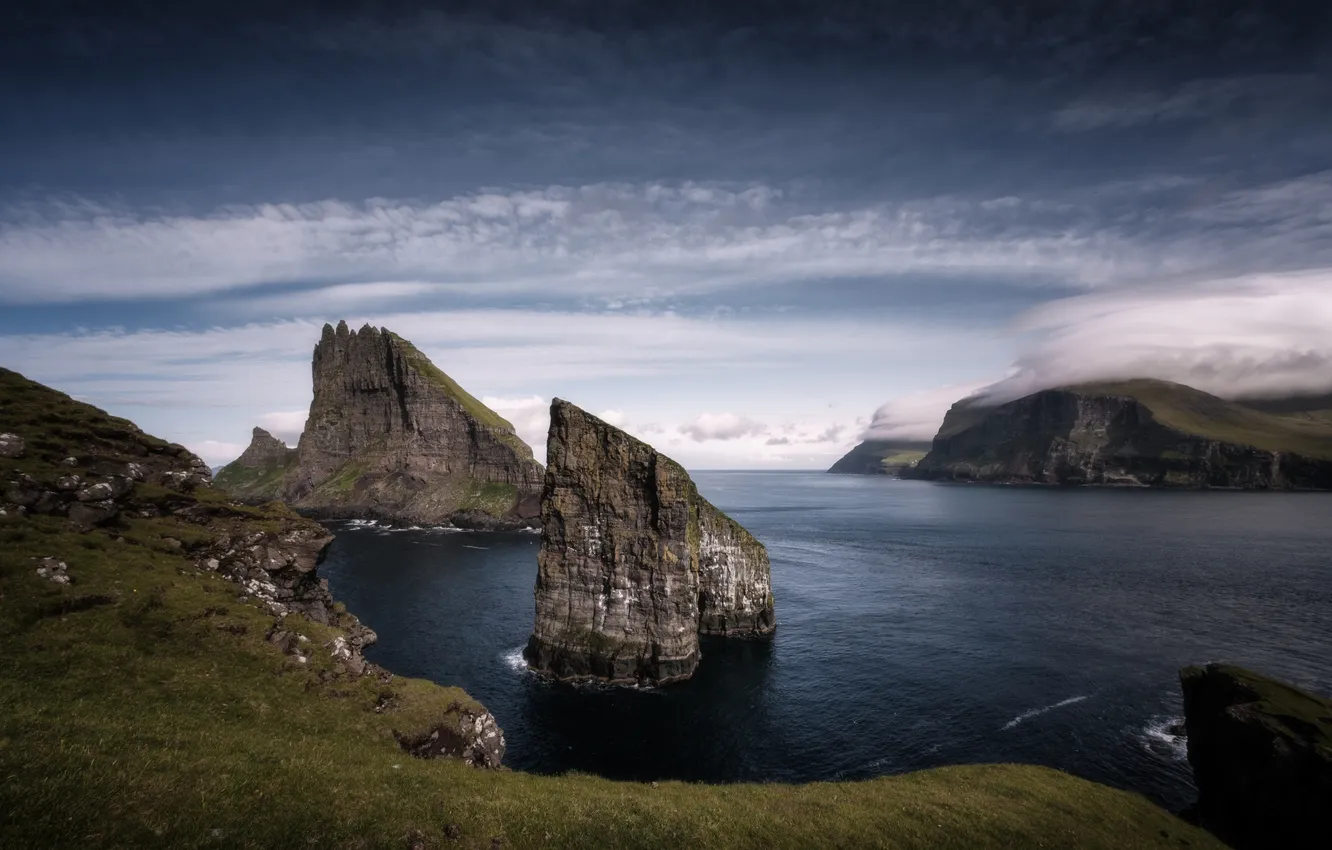 Photo wallpaper sea, clouds, rocks, horizon, Bay, Faroe, Georgy Bychkovsky