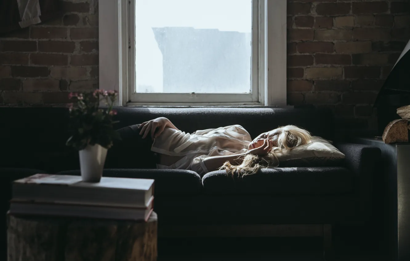 Photo wallpaper Flowers, Girl, Fog, Weather, Window, Vase, Books, Dark