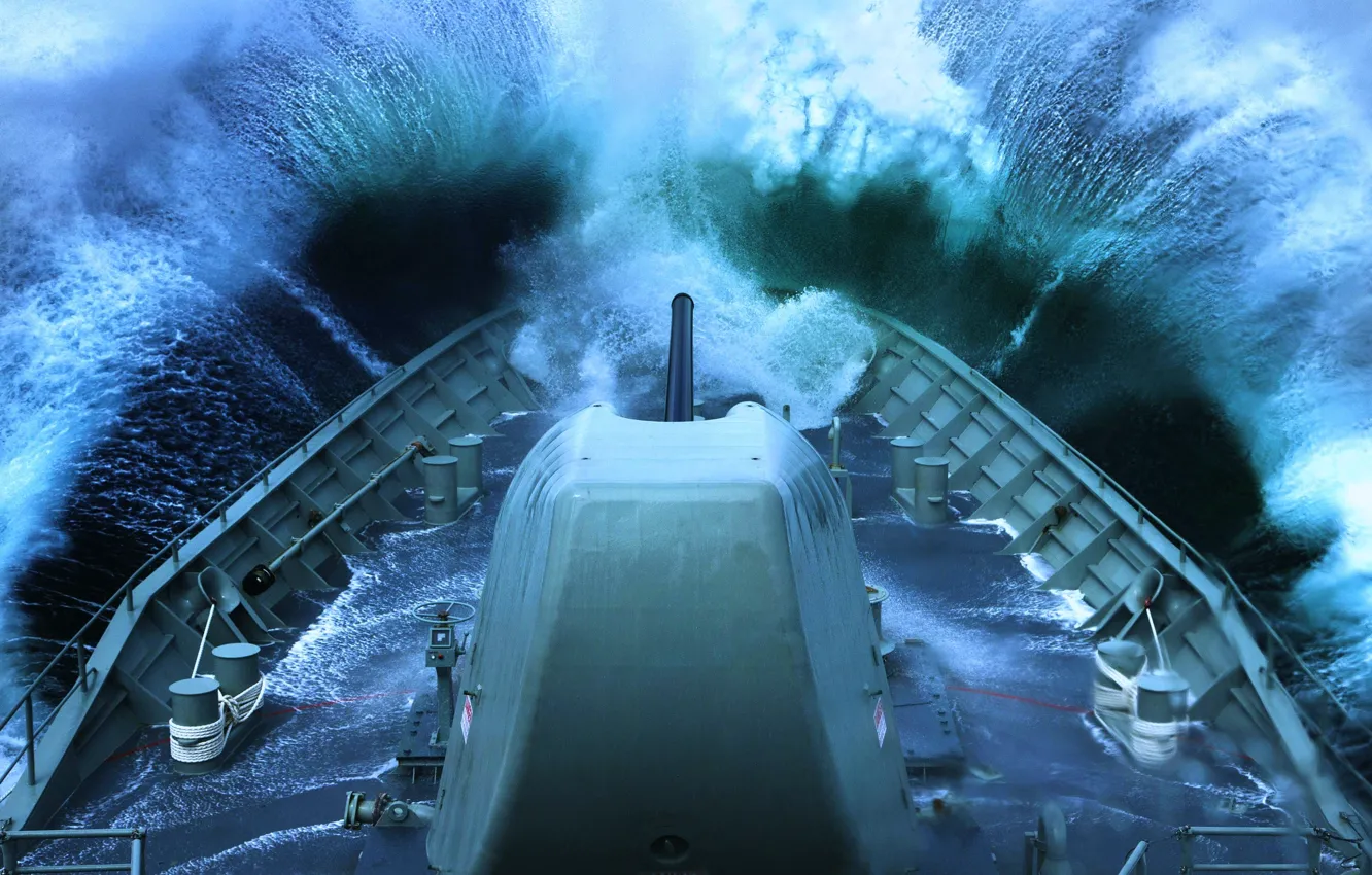 Photo wallpaper sea, wave, squirt, Navy, gun, HMAS, &ampquot;Arunta&ampquot;