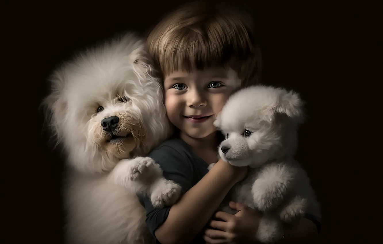 Photo wallpaper dogs, light, child, portrait, boy, baby, puppy, white