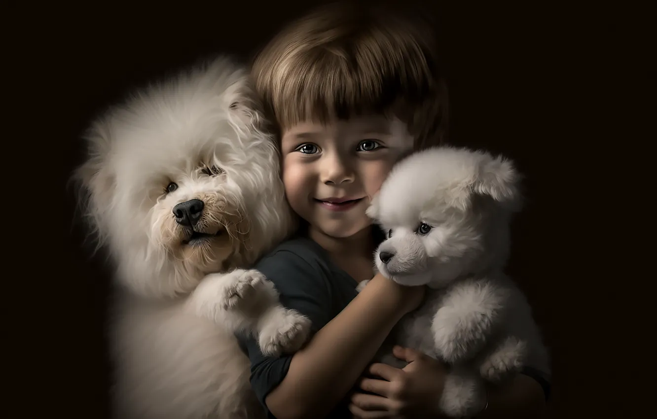 Photo wallpaper light, children, each, portrait, dog, boy, baby, puppy