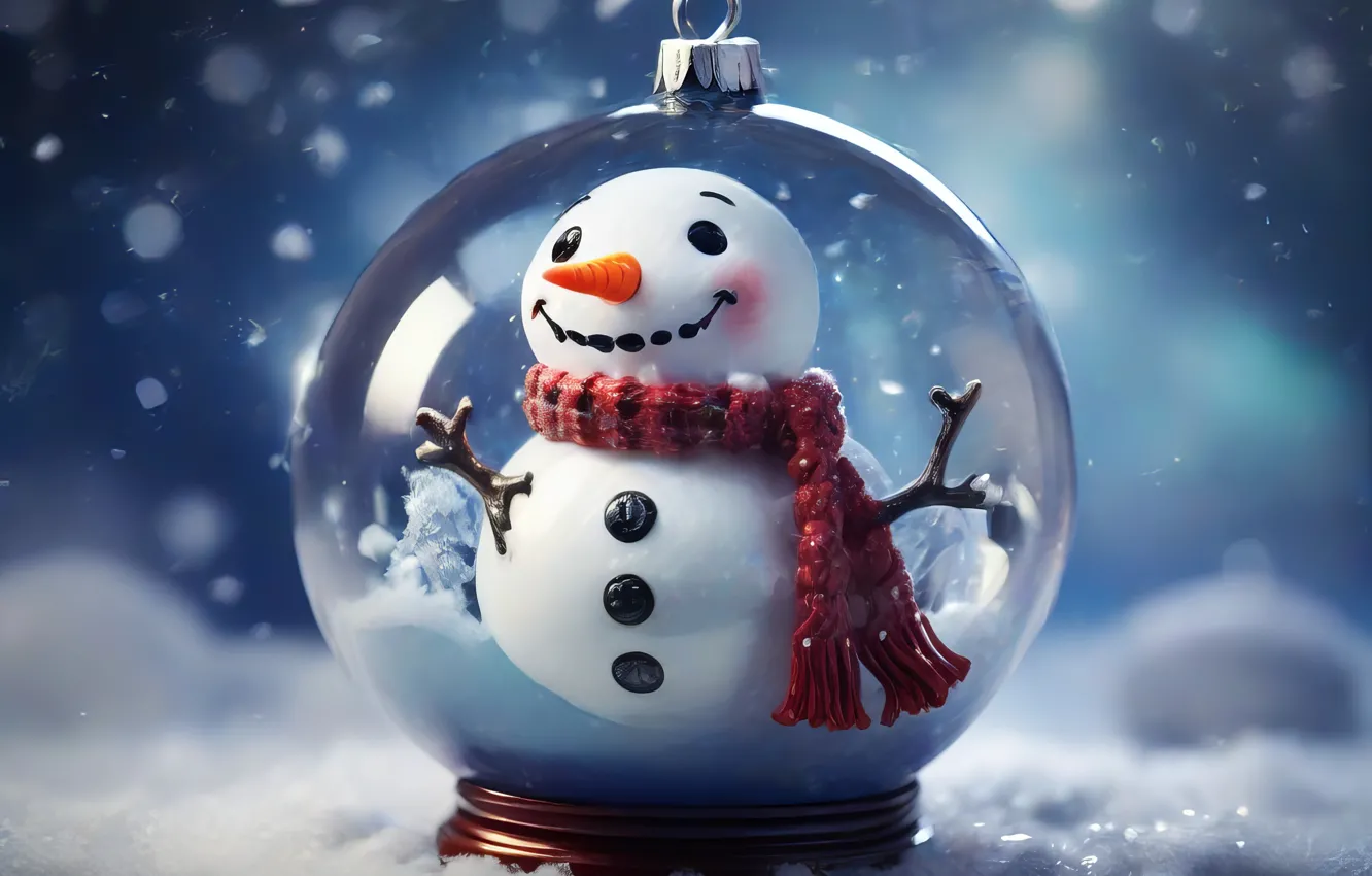 Photo wallpaper toy, new year, Christmas, snowman, glass globe, snow globe, AI art, neural network