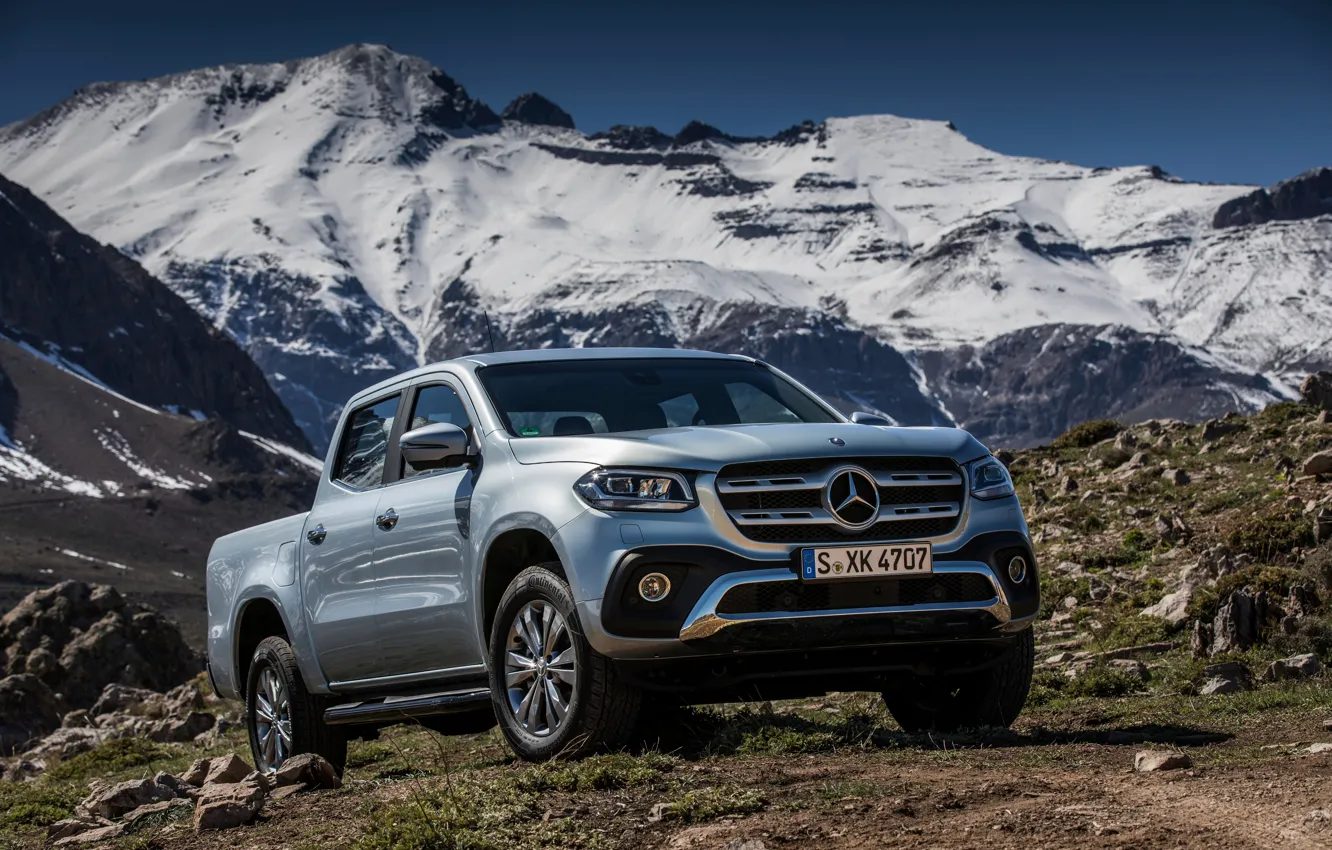 Photo wallpaper snow, mountains, stones, grey, vegetation, tops, Mercedes-Benz, silver