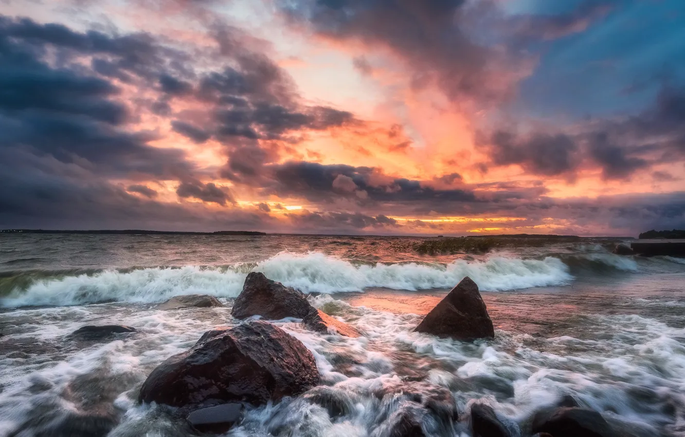 Photo wallpaper sea, wave, stones, rocks, shore