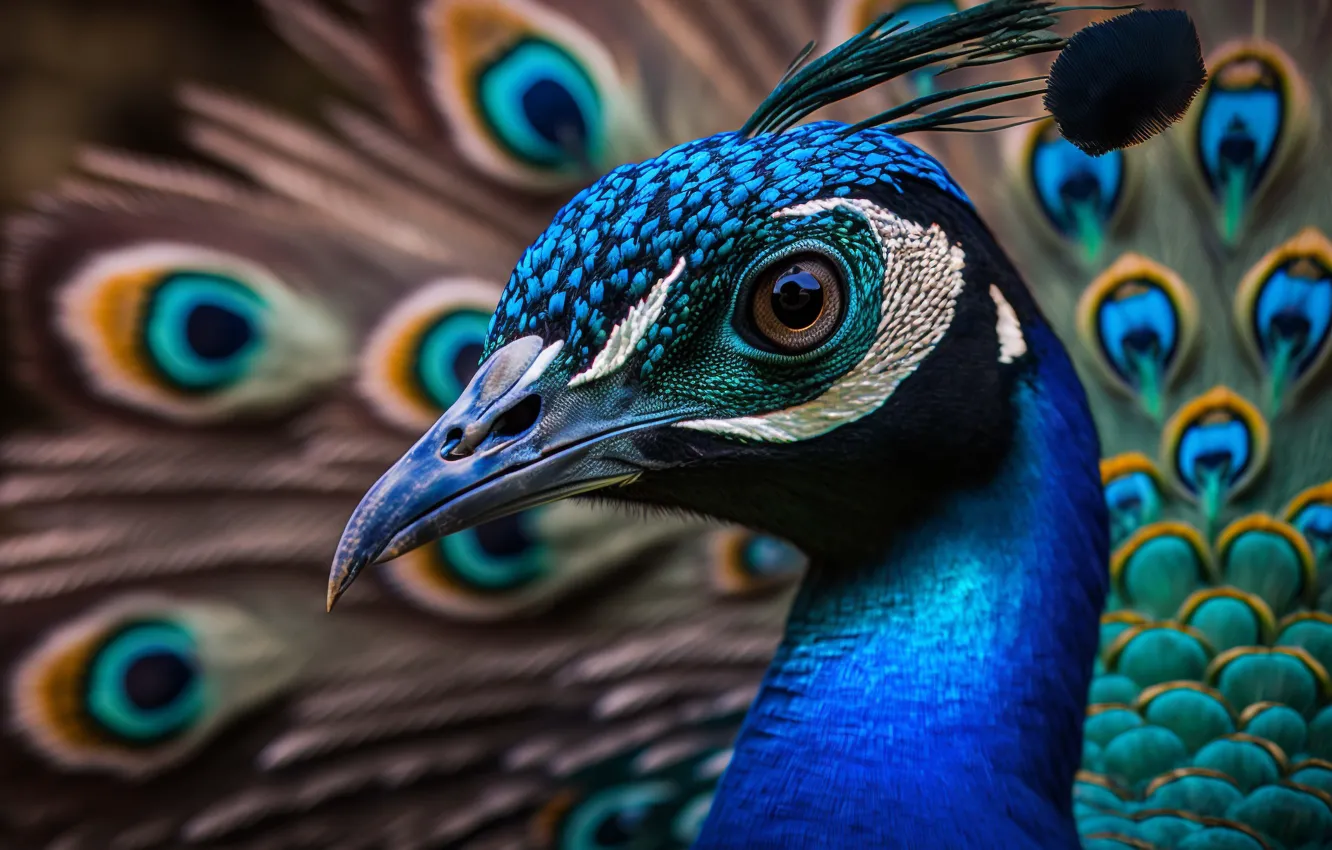 Photo wallpaper look, bird, graphics, portrait, feathers, art, tail, peacock