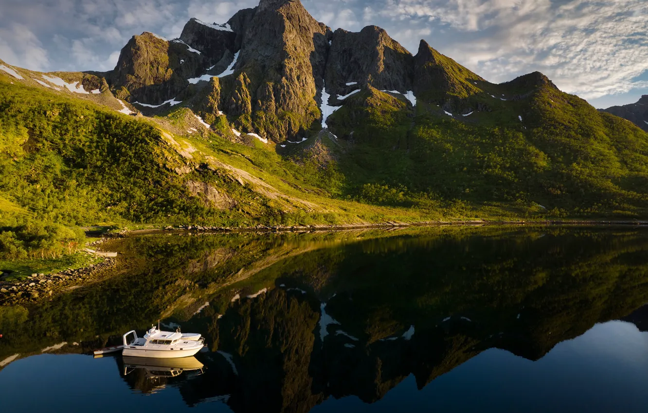 Photo wallpaper landscape, mountains, nature, boats, Norway, the fjord, The Lofoten Islands, Lofoten