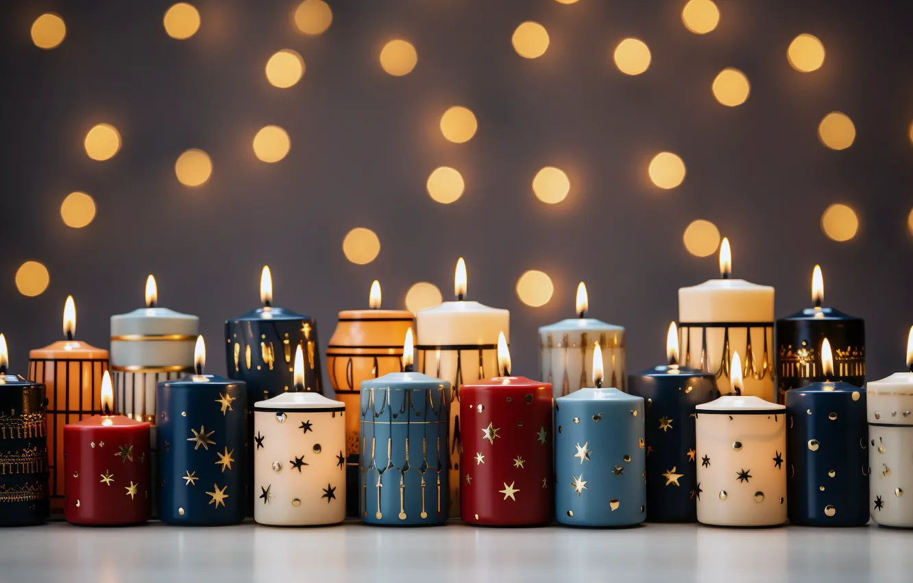Photo wallpaper lights, table, flame, new year, candles, Christmas, colorful, stars