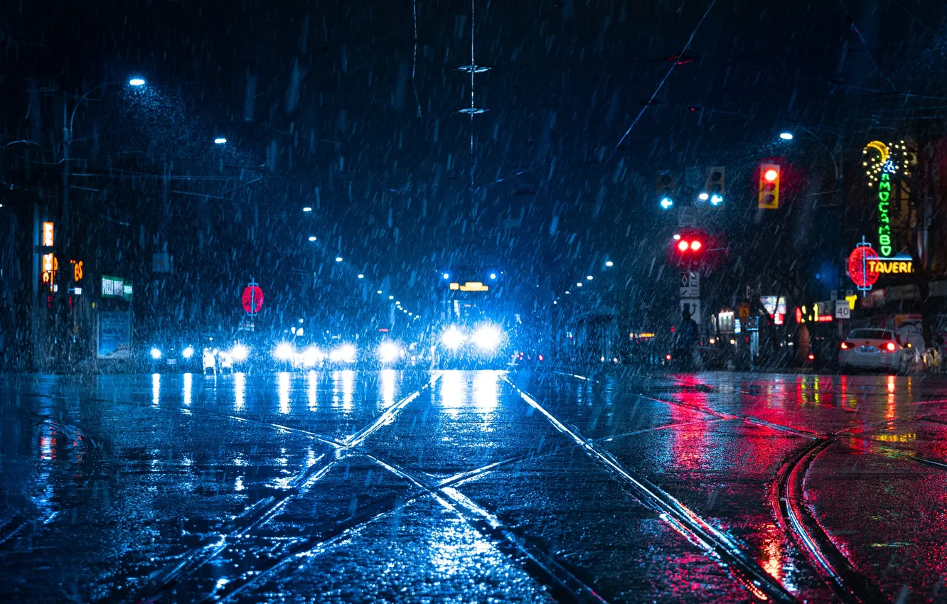 Photo wallpaper reflection, machine, night, rain, rails, neon, puddles, tram