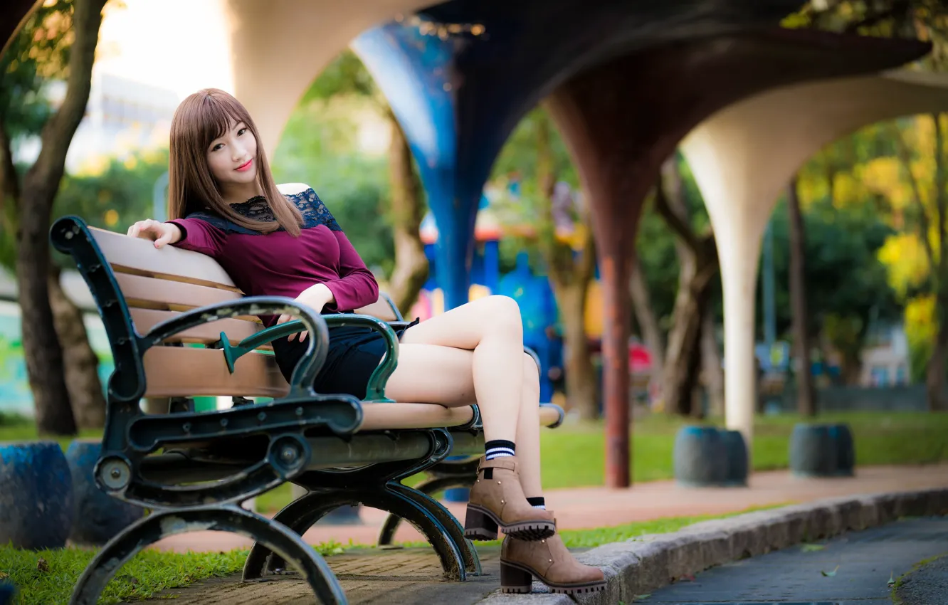 Photo wallpaper girl, smile, Park, legs, Asian, cutie, bench, bokeh