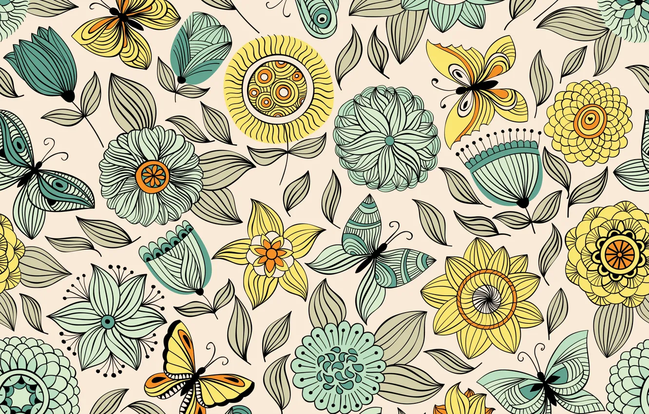 Photo wallpaper flowers, background, butterfly, texture, seamless