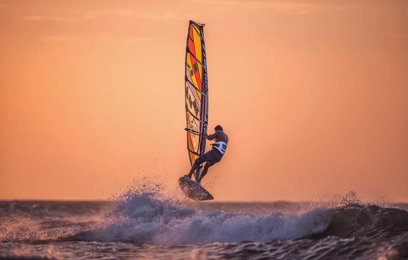 Photo wallpaper sea, sunset, squirt, wave, Windsurfing, extreme sports, Windsurfing