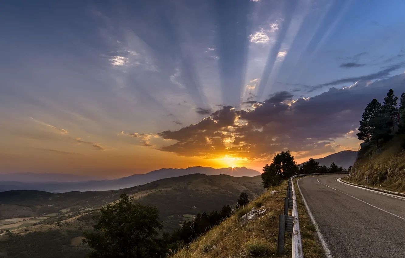 Photo wallpaper road, landscape, sunset