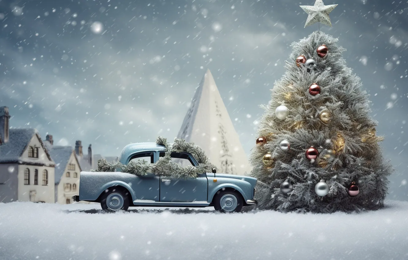 Photo wallpaper winter, car, machine, snow, decoration, gift, balls, tree