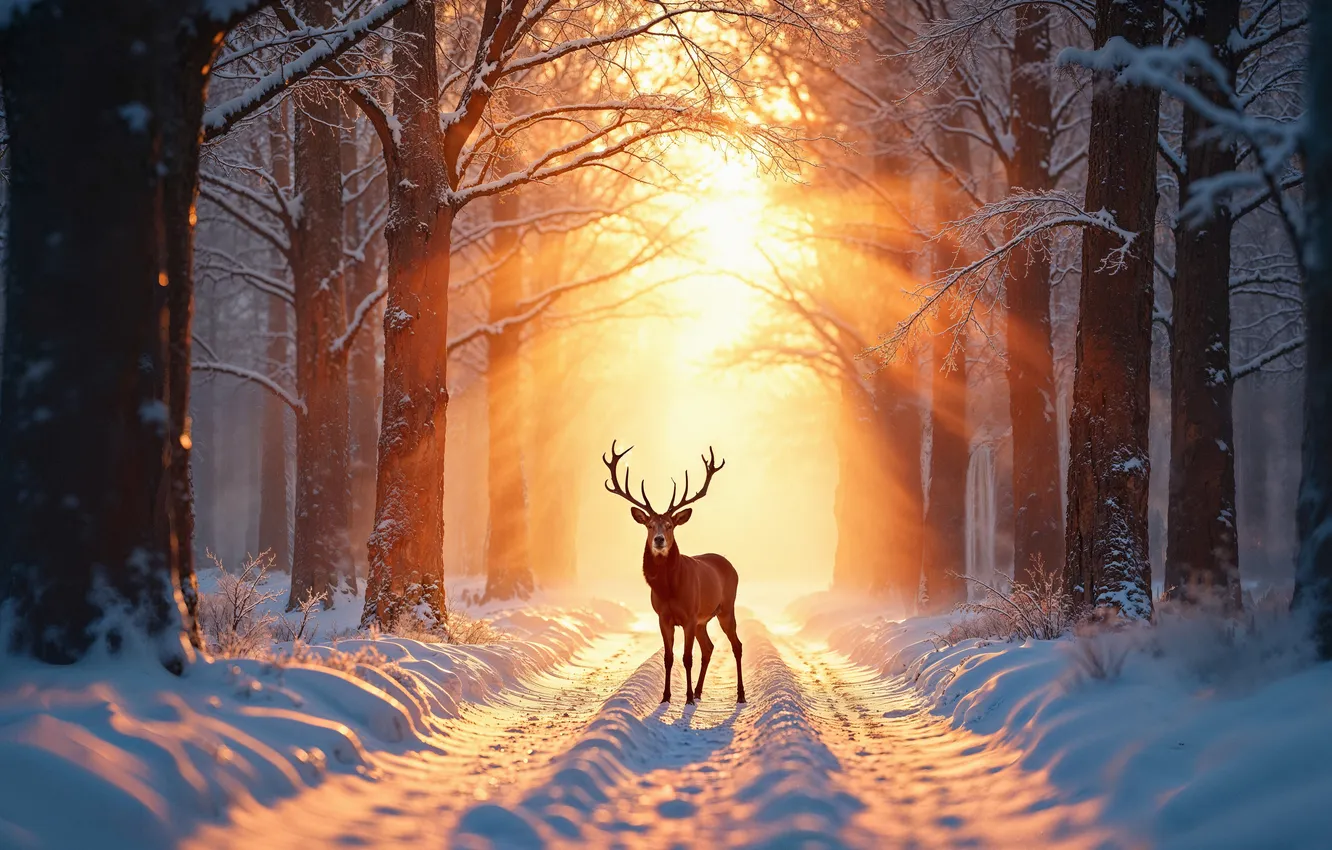 Photo wallpaper winter, forest, snow, trees, nature, deer, forest, nature
