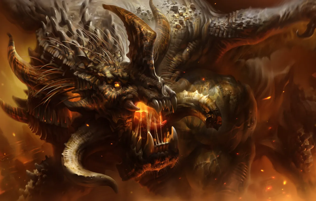 Photo wallpaper fire, flame, dragon, fangs, horns, art