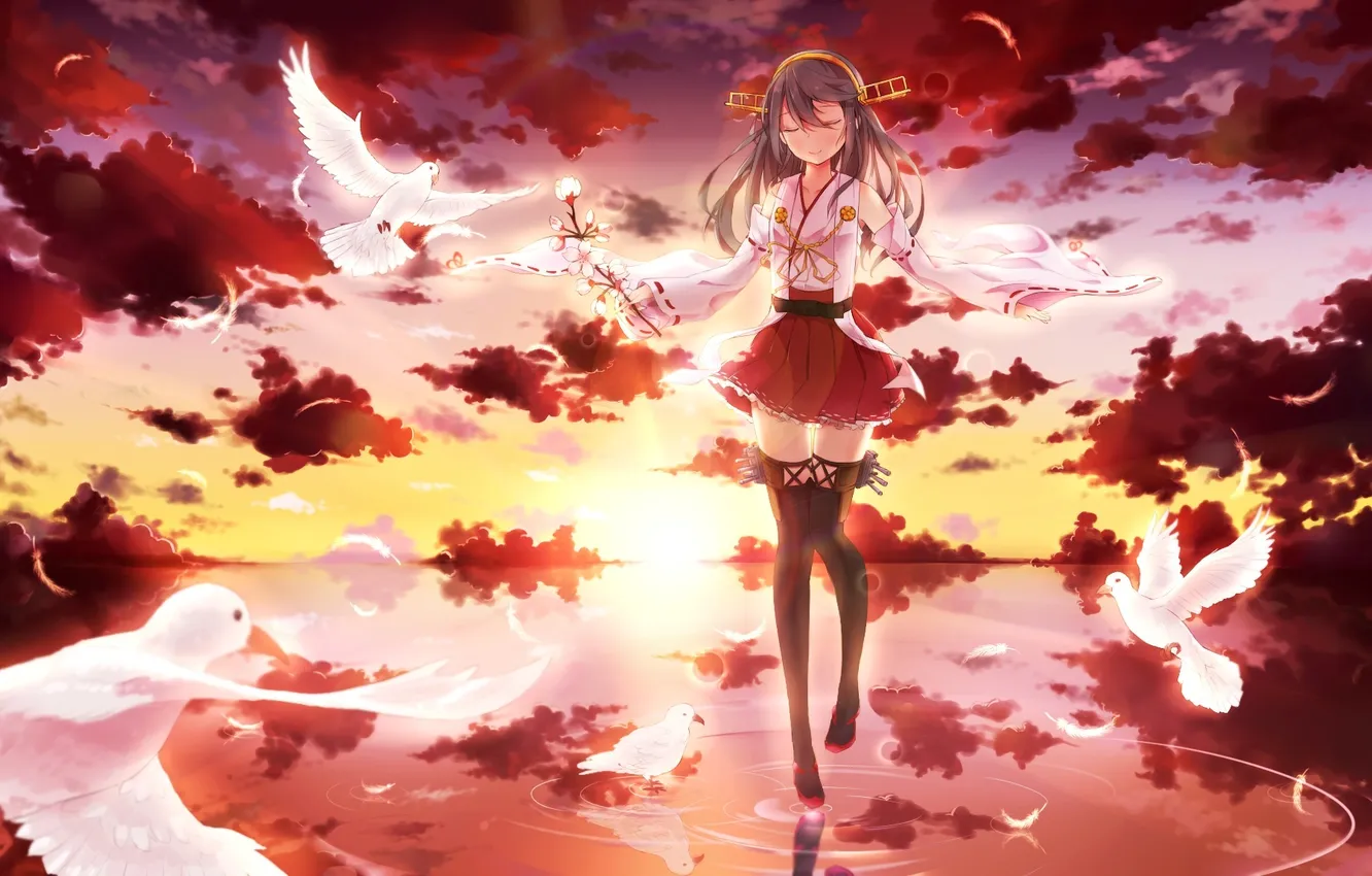 Photo wallpaper the sky, water, girl, clouds, sunset, smile, reflection, bird