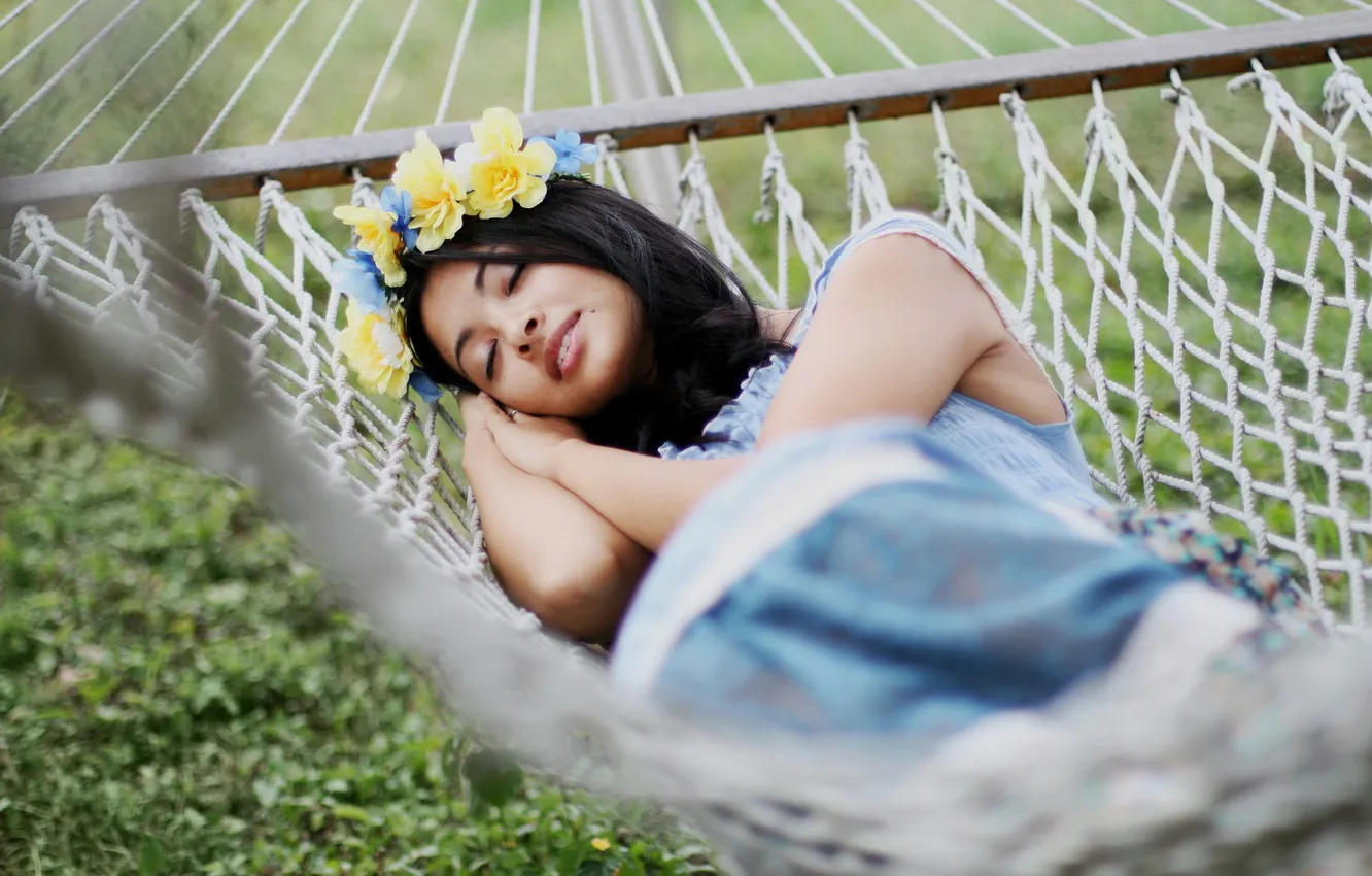 Photo wallpaper girl, sleep, hammock