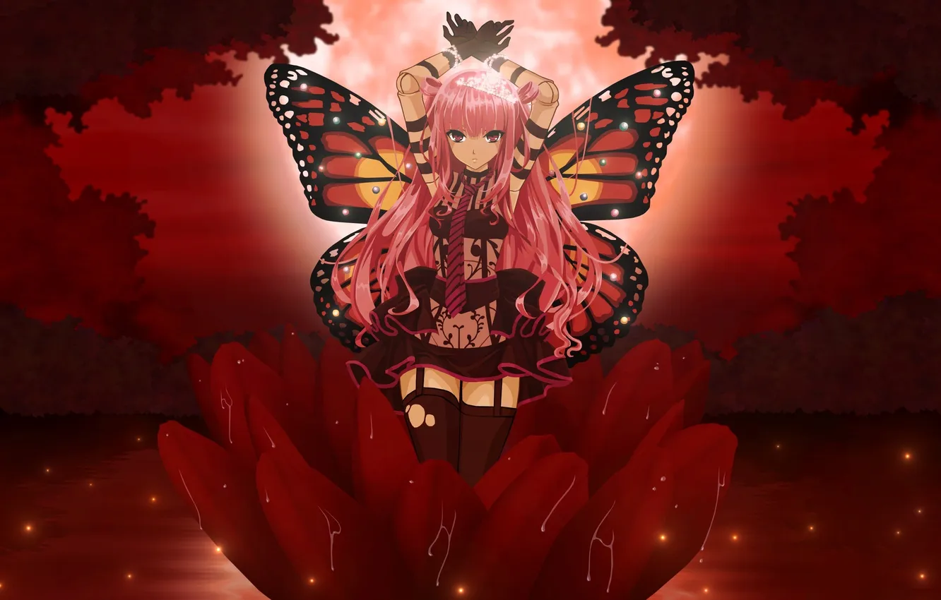 Photo wallpaper girl, flowers, butterfly, wings