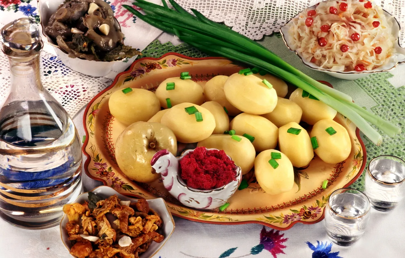 Photo wallpaper mushrooms, bow, tablecloth, potatoes