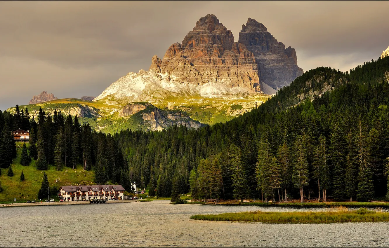 Photo wallpaper forest, the sky, mountains, lake, home, Italy, the hotel, The Three Peaks Of Lavaredo