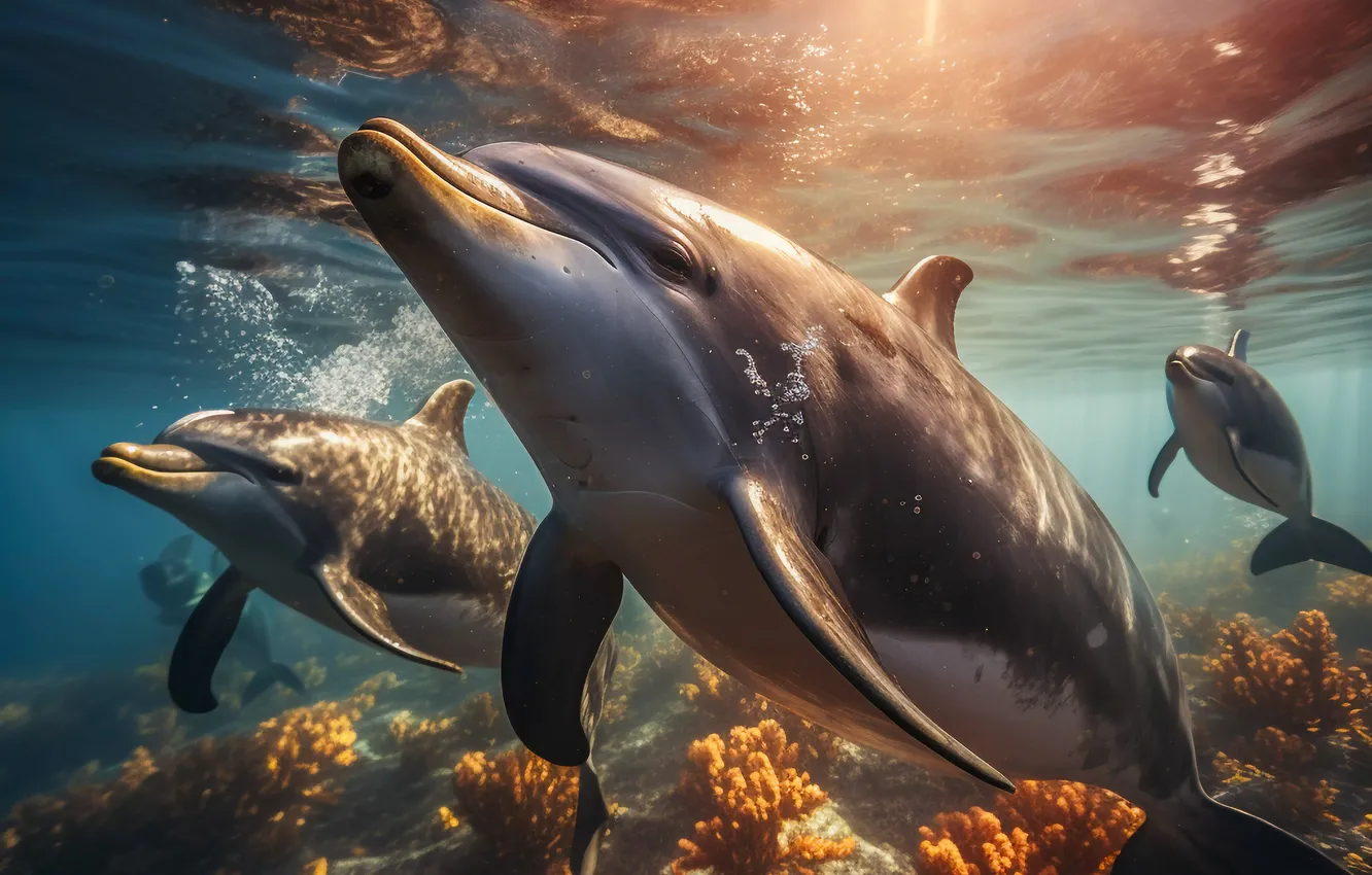Photo wallpaper corals, dolphins, underwater world, digital art, AI art, The Art of Artificial Intelligence, neural network
