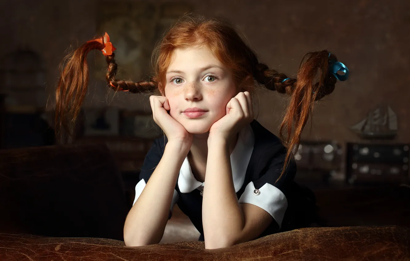 Photo wallpaper girl, freckles, braids