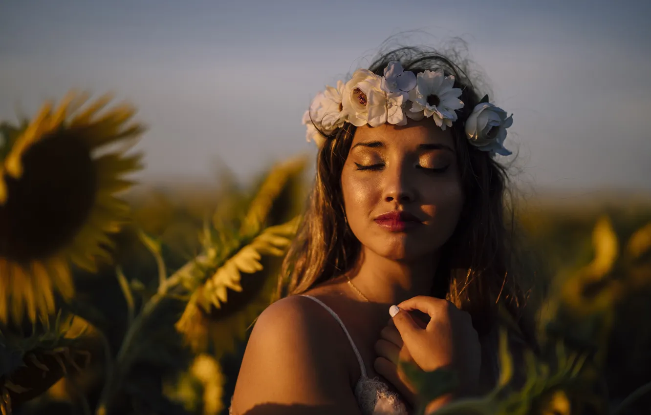 Photo wallpaper portrait, light, girl, sunflowers, sunset
