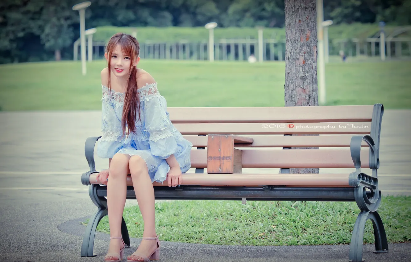 Photo wallpaper girl, street, bench