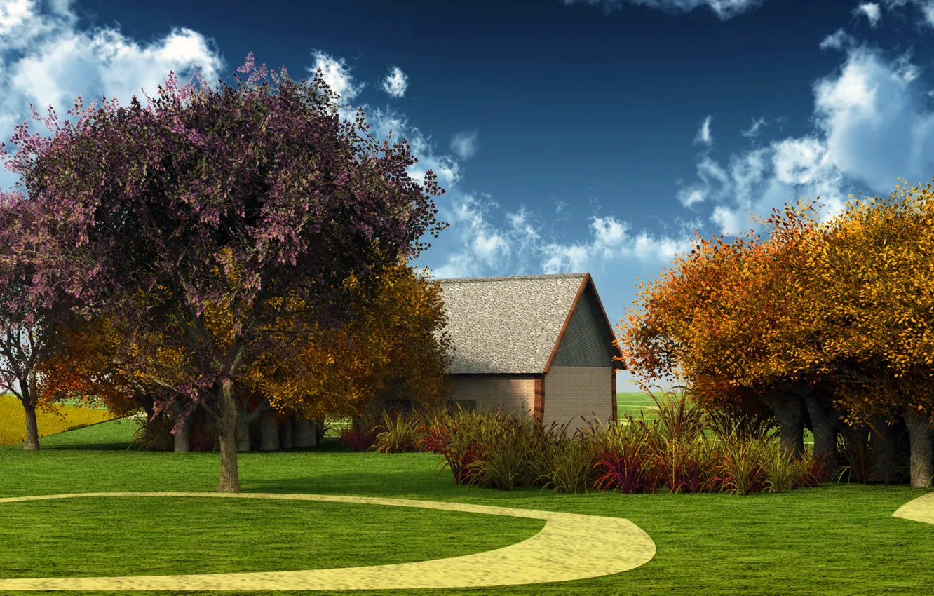Photo wallpaper autumn, the sky, clouds, trees, yard, track, house