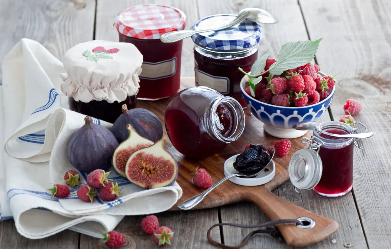 Photo wallpaper berries, raspberry, jars, Board, jam, jam, spoon, figs