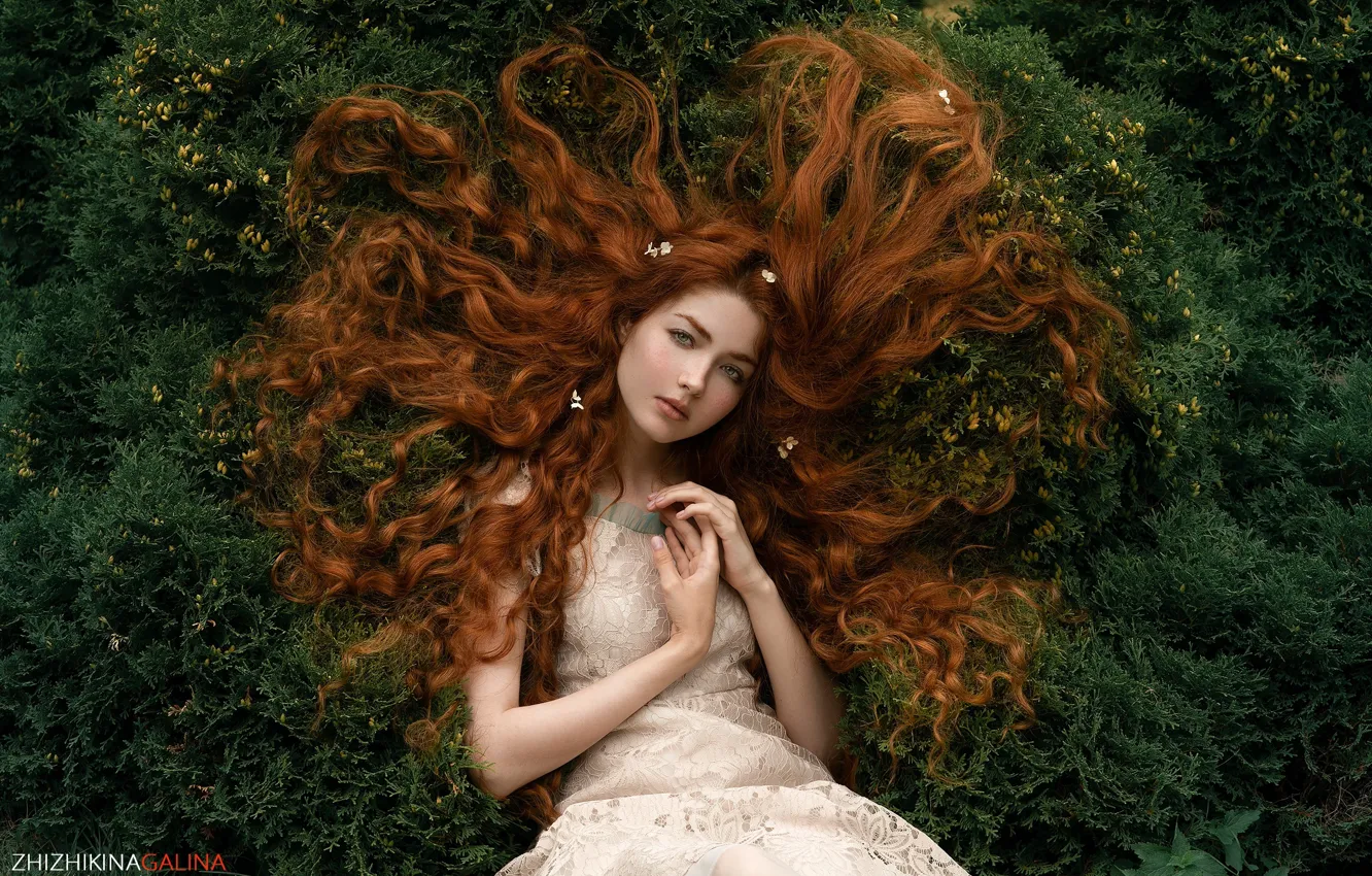 Photo wallpaper girl, green eyes, long hair, dress, trees, model, women, redhead