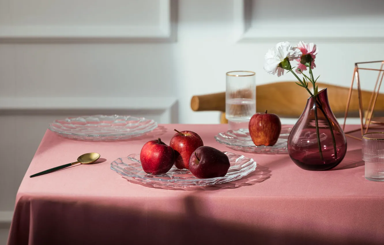 Photo wallpaper glass, light, flowers, table, apples, bouquet, spoon, dishes