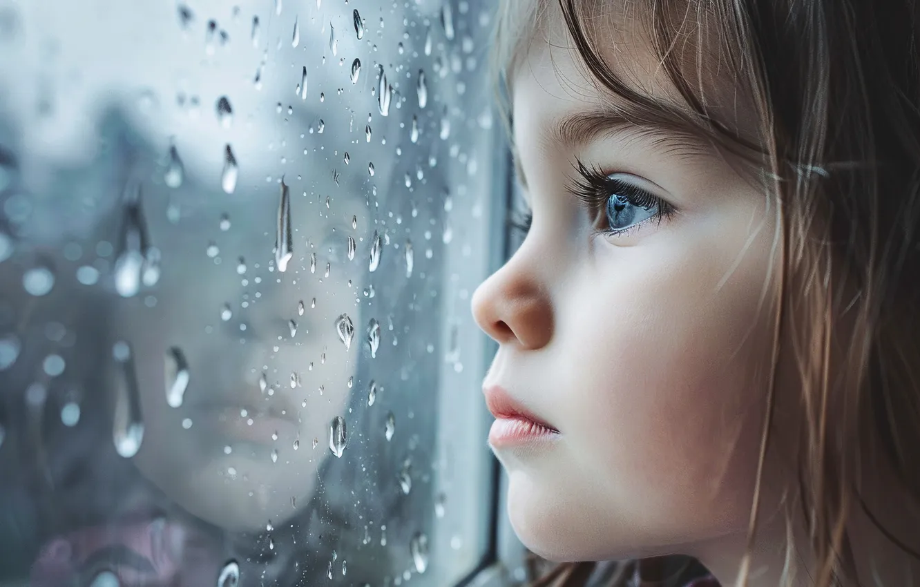 Photo wallpaper look, glass, drops, children, face, eyelashes, reflection, rain