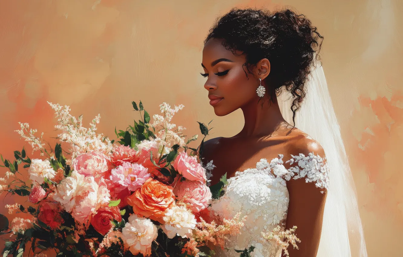 Photo wallpaper girl, light, flowers, eyelashes, sprig, roses, bouquet, earrings