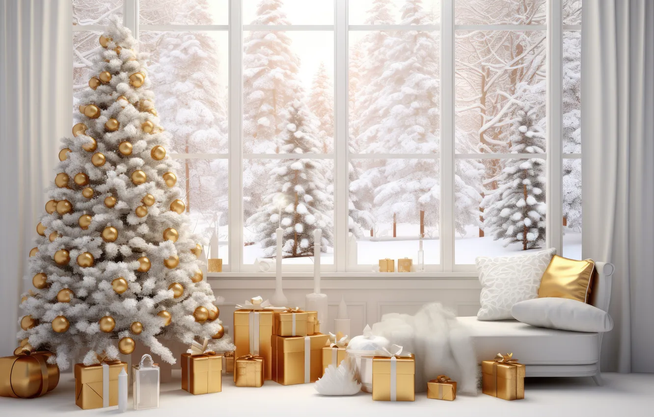 Photo wallpaper winter, frost, snow, decoration, room, sofa, tree, new year