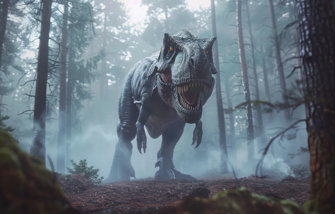 Photo wallpaper look, face, trees, animal, dinosaur, predator, head, Tyrannosaurus