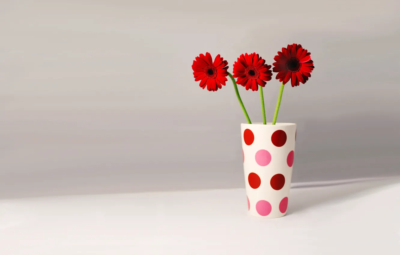 Photo wallpaper mood, mood, gerbera, mug polka dot, flowers in a glass