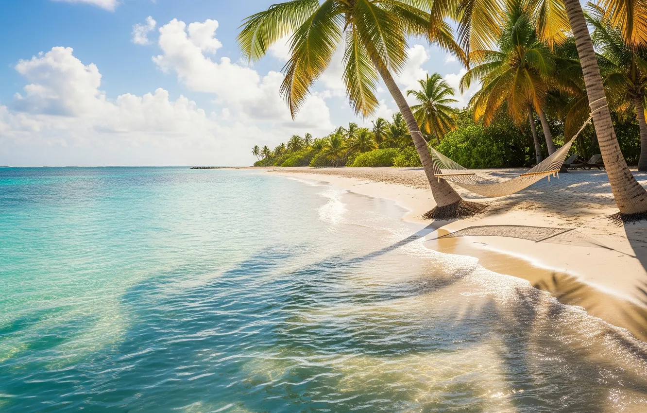 Photo wallpaper beach, tropics, palm trees, the ocean, Wallpaper, art, hammock, wallpaper