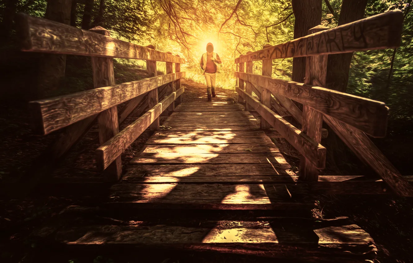 Photo wallpaper bridge, people, running, hood, Paranoia