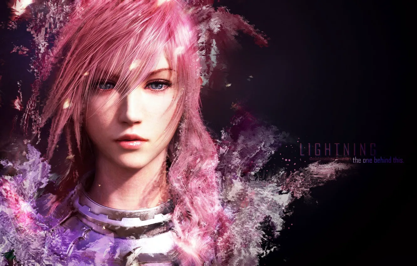 Photo wallpaper face, black background, Final Fantasy, Lightning Farron, portrait of a girl, pink hair, Final Fantasy …