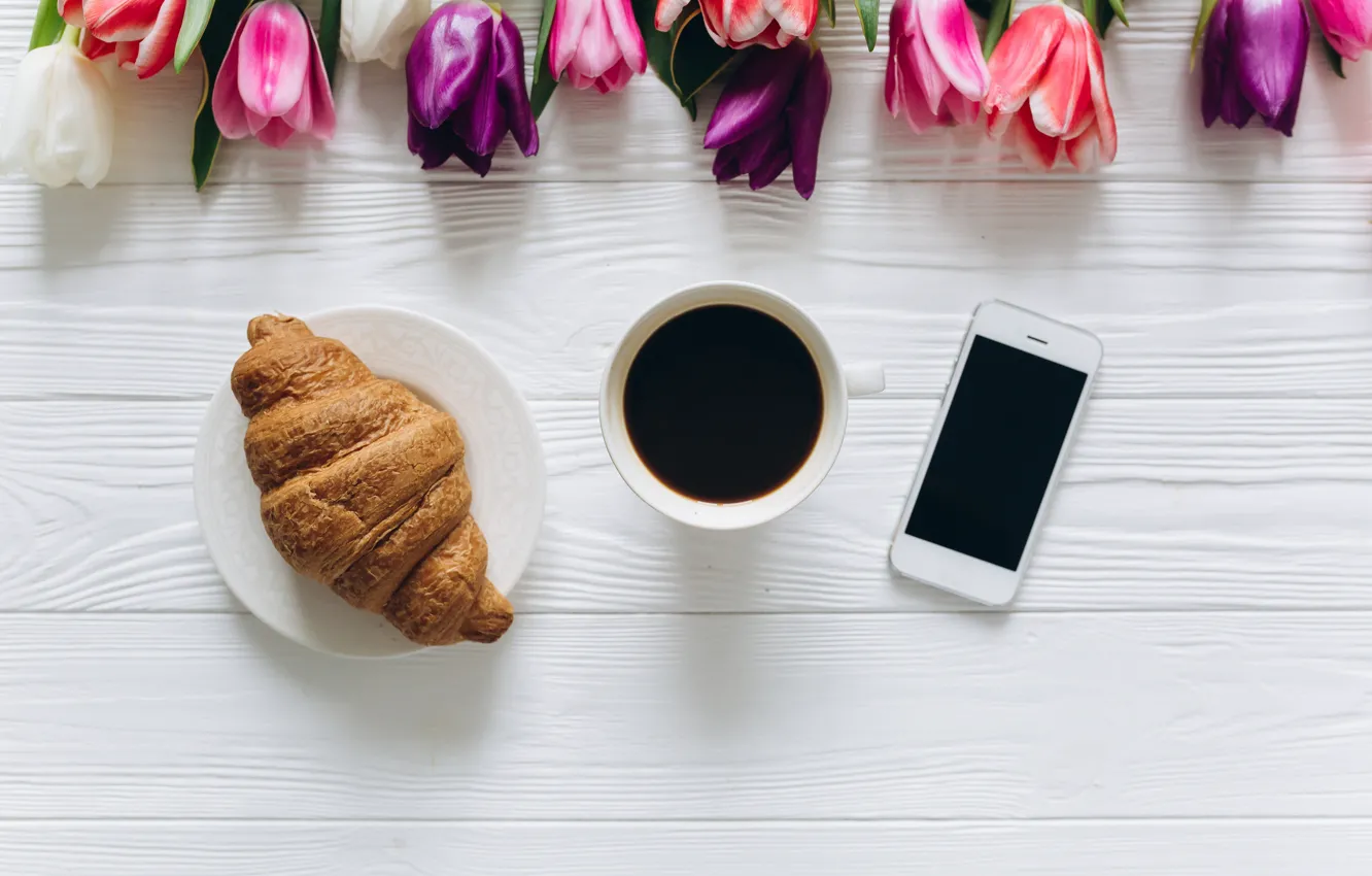 Photo wallpaper flowers, coffee, Breakfast, Cup, tulips, pink, white, heart