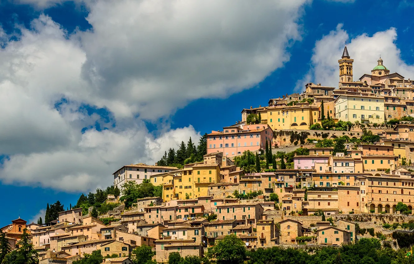 Photo wallpaper clouds, building, home, slope, Italy, panorama, town, Italy