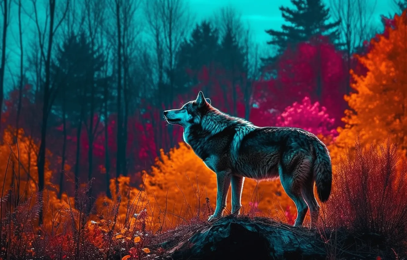 Photo wallpaper forest, trees, wolf, digital art, AI art, The Art of Artificial Intelligence, neural network