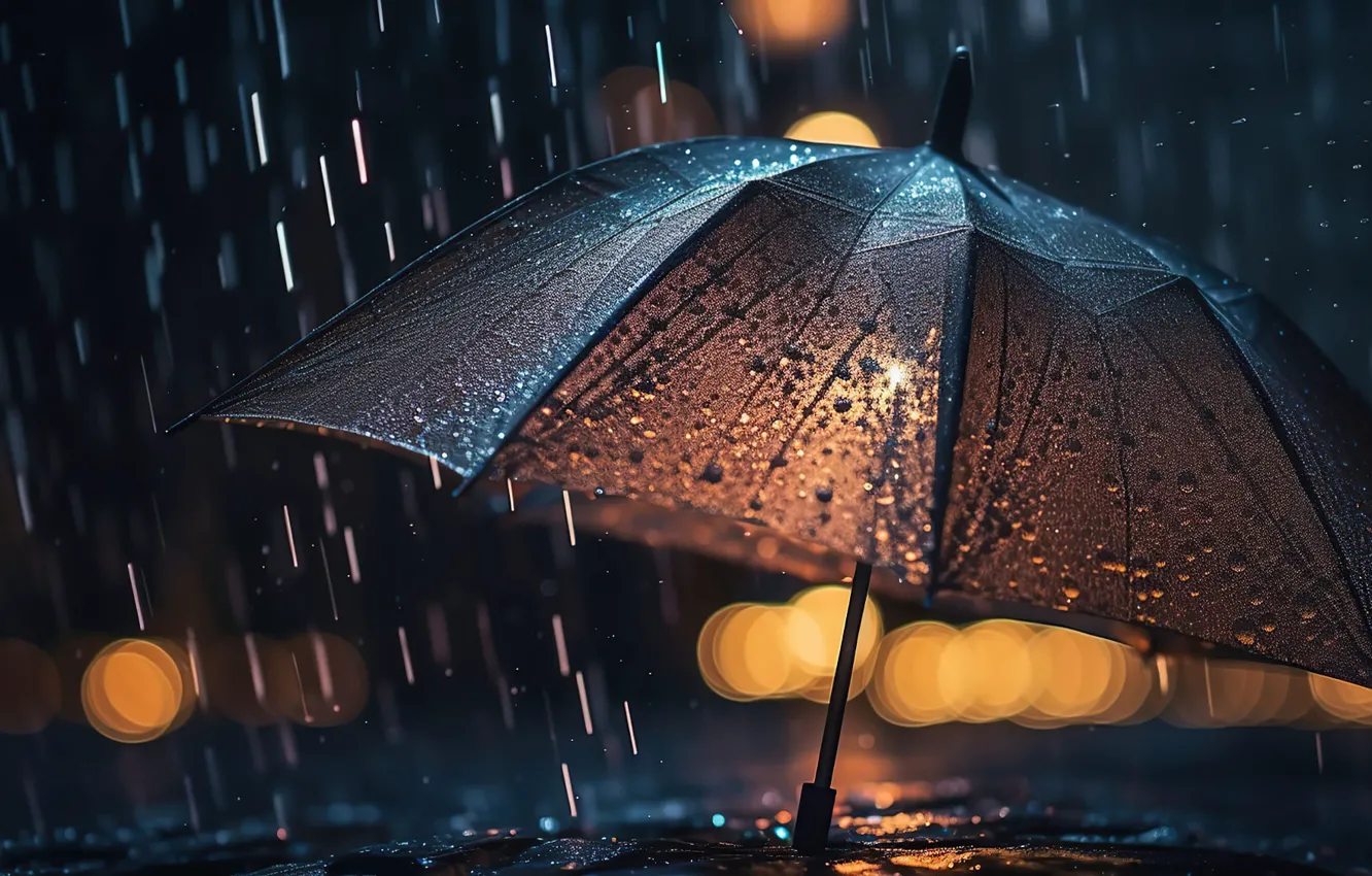 Photo wallpaper drops, light, night, lights, umbrella, rain, umbrella, the shower