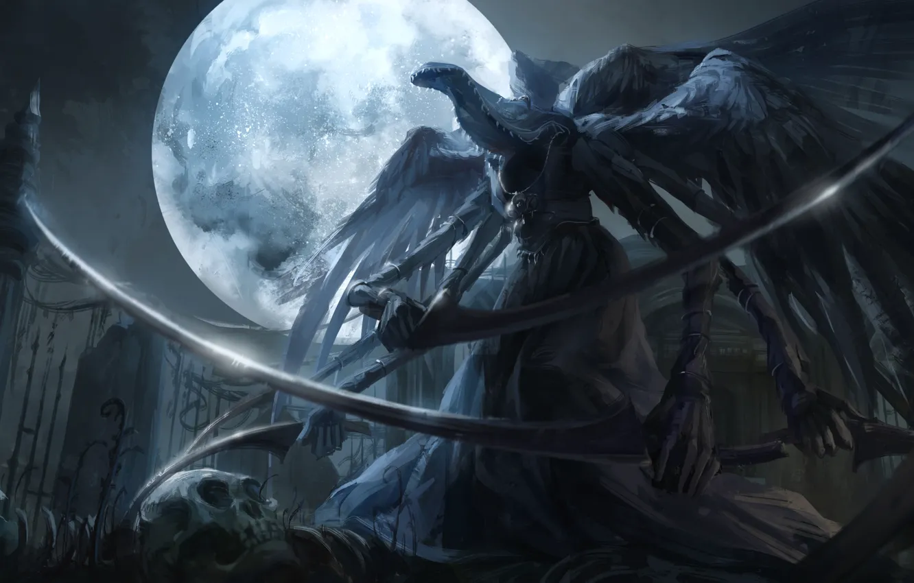 Photo wallpaper night, weapons, the moon, art, braid, monster, bloodborne, jlien-