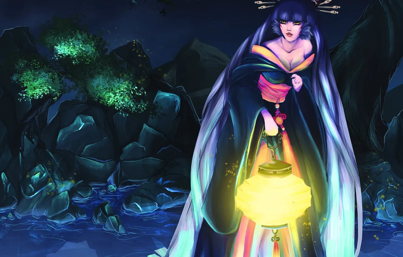 Photo wallpaper look, light, trees, stones, anime, art, lights