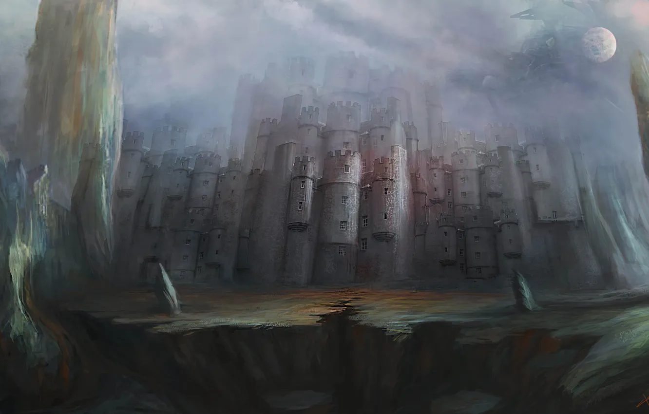 Photo wallpaper night, castle, rocks, the moon, art, castle, by cloudminedesign