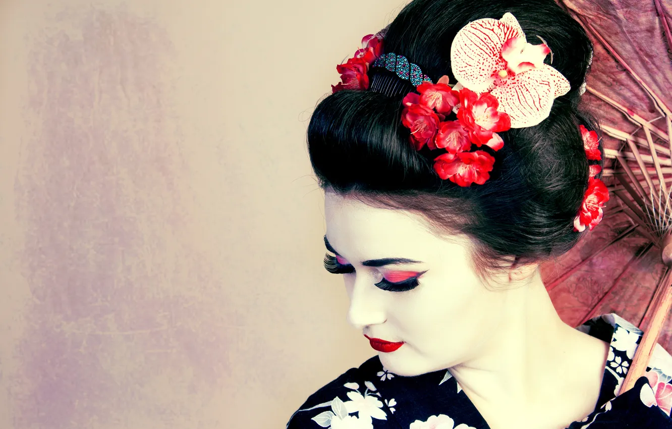 Photo wallpaper girl, flowers, face, eyelashes, makeup, hairstyle, geisha